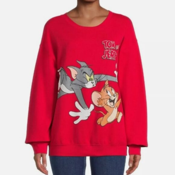Tops - Tom and Jerry Sweatshirt 3XL Cartoon Graphic Fleece Novelty Print Red Cat Mouse